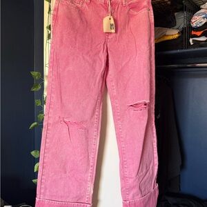 Ser.O.Ya Margot Cuffed Slouchy Boyfriend Jeans Malibu Hot Pink Distressed Wide